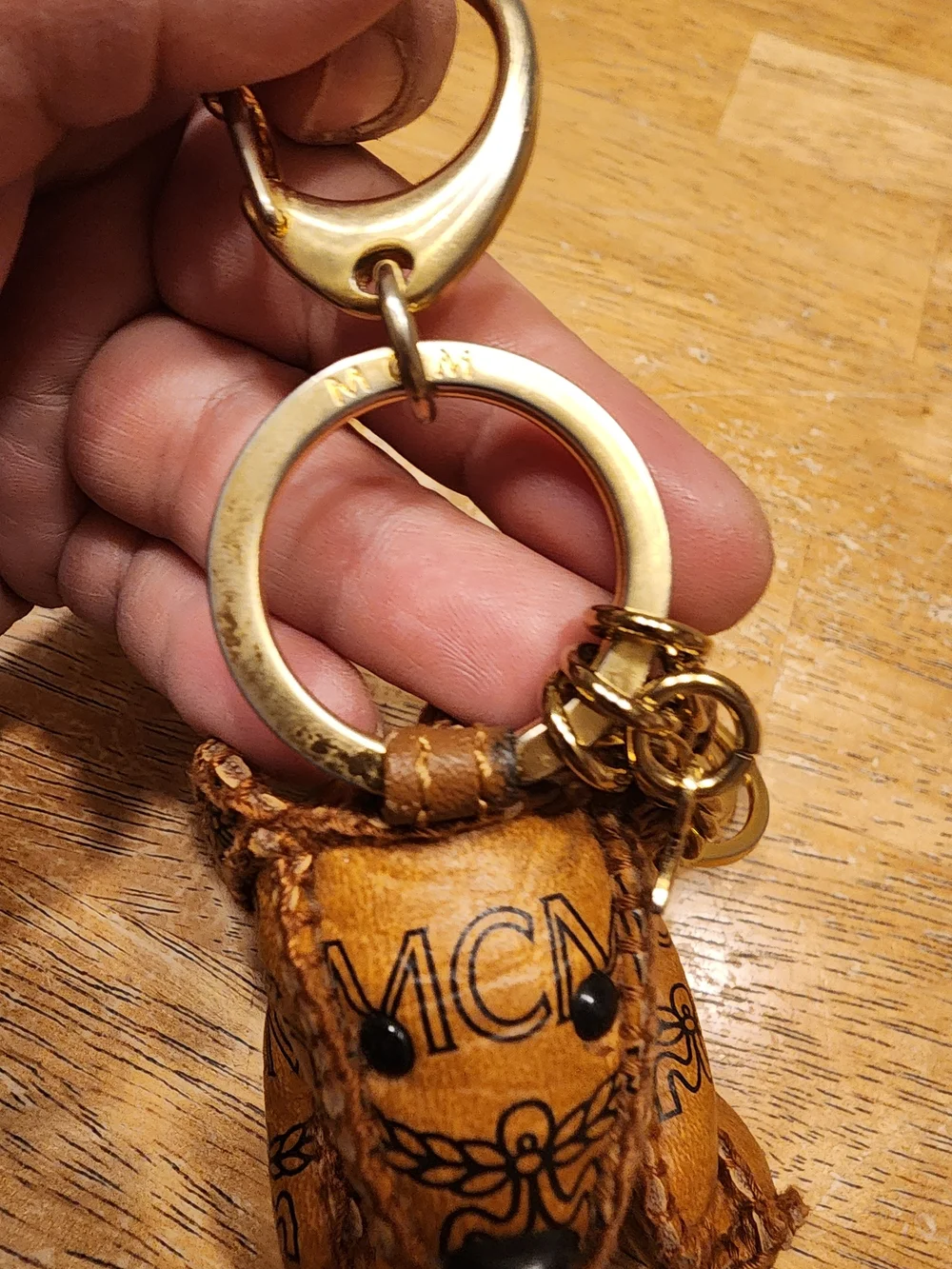 MCM Cognac Brown Leather Bear Keychain with Gold Hardware